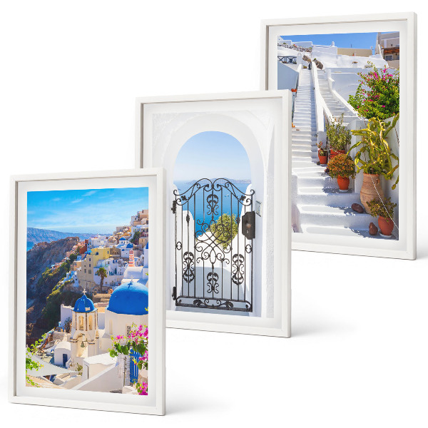 3 paveikslų rinkinys su rėmais Santorinio architektūra Oia