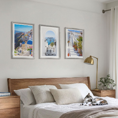 3 paveikslų rinkinys su rėmais Santorinio architektūra Oia