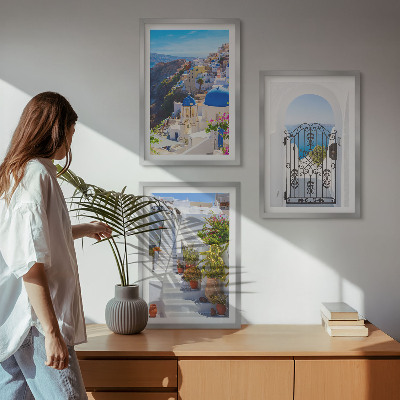 3 paveikslų rinkinys su rėmais Santorinio architektūra Oia