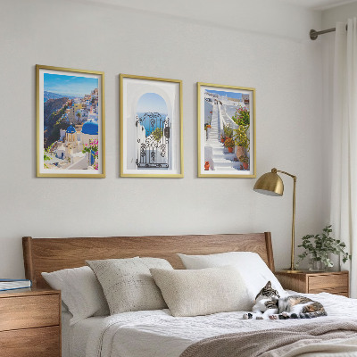 3 paveikslų rinkinys su rėmais Santorinio architektūra Oia