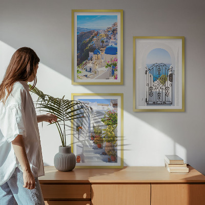 3 paveikslų rinkinys su rėmais Santorinio architektūra Oia