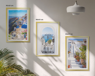 3 paveikslų rinkinys su rėmais Santorinio architektūra Oia
