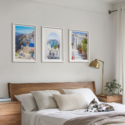 3 paveikslų rinkinys su rėmais Santorinio architektūra Oia