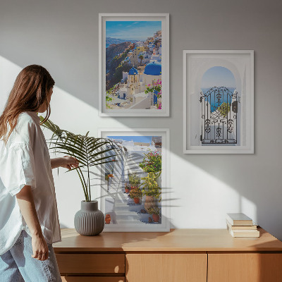 3 paveikslų rinkinys su rėmais Santorinio architektūra Oia