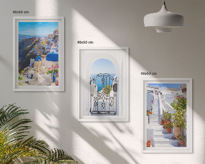 3 paveikslų rinkinys su rėmais Santorinio architektūra Oia