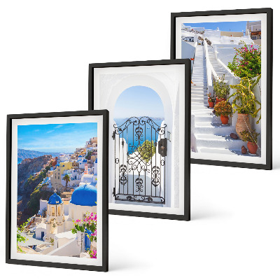 3 paveikslų rinkinys su rėmais Santorinio architektūra Oia