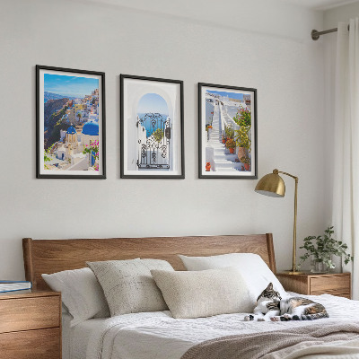 3 paveikslų rinkinys su rėmais Santorinio architektūra Oia
