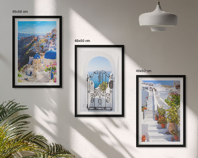 3 paveikslų rinkinys su rėmais Santorinio architektūra Oia