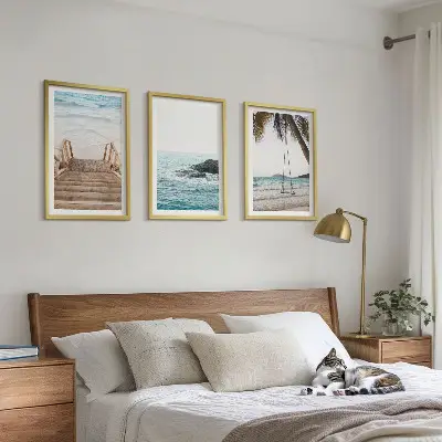 3 paveikslų rinkinys su rėmais laiptai paplūdimyje ir jūros sūpynės