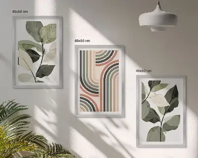 Geometriniai augalų motyvai 3 paveikslų rinkinys su rėmais