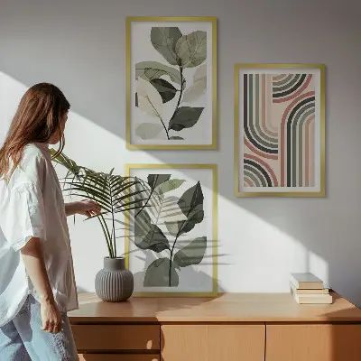 Geometriniai augalų motyvai 3 paveikslų rinkinys su rėmais
