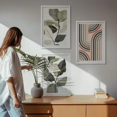 Geometriniai augalų motyvai 3 paveikslų rinkinys su rėmais
