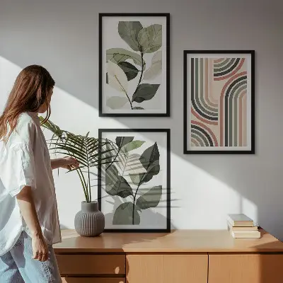 Geometriniai augalų motyvai 3 paveikslų rinkinys su rėmais