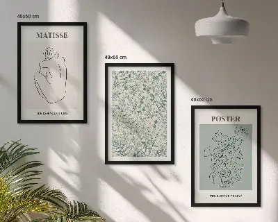 Įrėmintas triptikas su linijų ir augalų motyvais minimalistiniu stiliumi