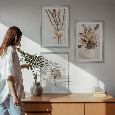 3 paveikslų rinkinys su rėmais Minimalistinės gėlės su šakomis