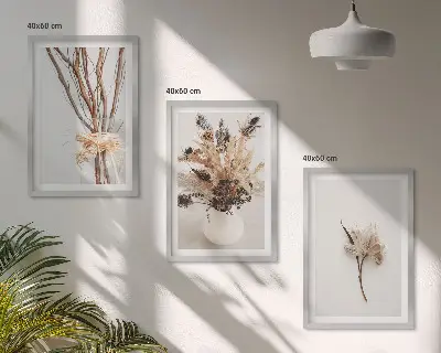 Minimalistinės gėlės su šakomis 3 paveikslų rinkinys su rėmais