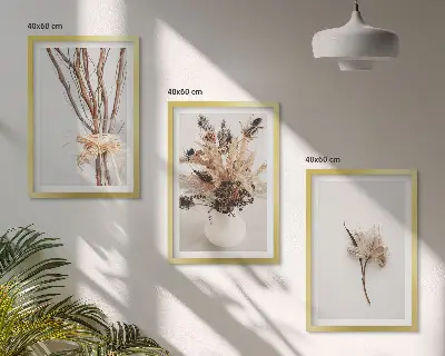 Minimalistinės gėlės su šakomis 3 paveikslų rinkinys su rėmais