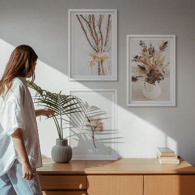 3 paveikslų rinkinys su rėmais Minimalistinės gėlės su šakomis