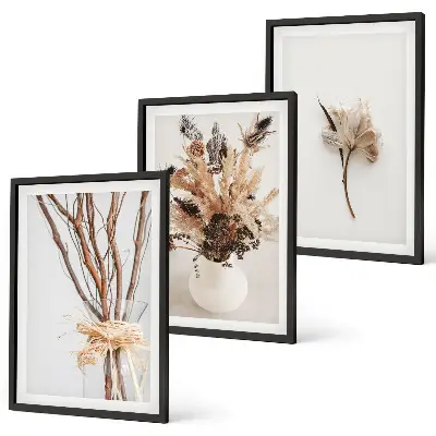 Minimalistinės gėlės su šakomis 3 paveikslų rinkinys su rėmais