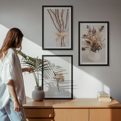 3 paveikslų rinkinys su rėmais Minimalistinės gėlės su šakomis