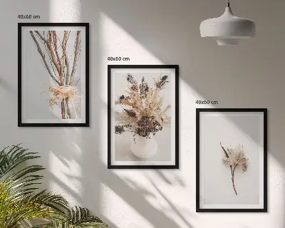 Minimalistinės gėlės su šakomis 3 paveikslų rinkinys su rėmais