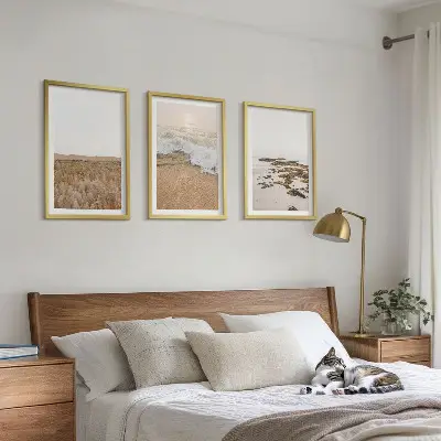 3 paveikslų rinkinys su rėmais paplūdimio bangos, akmenys ir vasaros motyvai