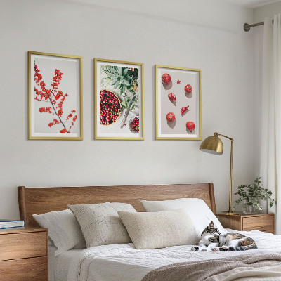 Įrėmintas triptikas Raudonųjų augalų vaisių minimalizmas