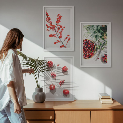 Įrėmintas triptikas Raudonųjų augalų vaisių minimalizmas