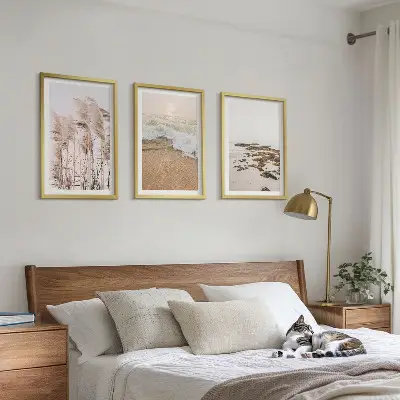 3 paveikslų rinkinys su rėmais bohemiškas paplūdimio žolės ir akmenų motyvas