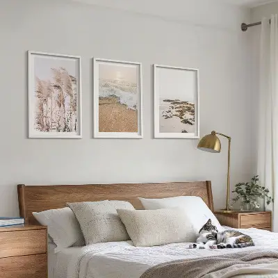 3 paveikslų rinkinys su rėmais bohemiškas paplūdimio žolės ir akmenų motyvas