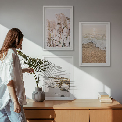 3 paveikslų rinkinys su rėmais Paplūdimio žolė banguoja akmenimis bohemiška