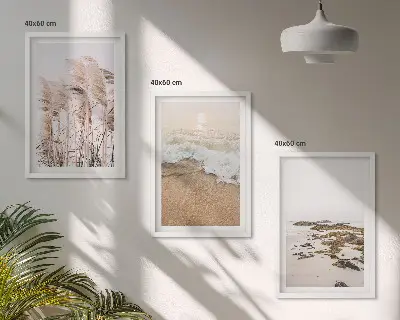 3 paveikslų rinkinys su rėmais bohemiškas paplūdimio žolės ir akmenų motyvas