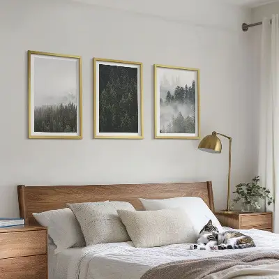 3 paveikslų rinkinys su rėmais žali miškai ir rūkas gamtos tematika
