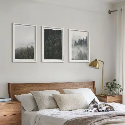 3 paveikslų rinkinys su rėmais žali miškai ir rūkas gamtos tematika