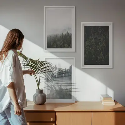 3 paveikslų rinkinys su rėmais žali miškai ir rūkas gamtos tematika