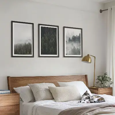 3 paveikslų rinkinys su rėmais žali miškai ir rūkas gamtos tematika