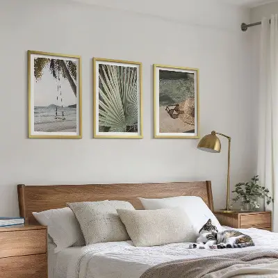3 paveikslų rinkinys su rėmais paplūdimio sūpynės su lapais atostogoms