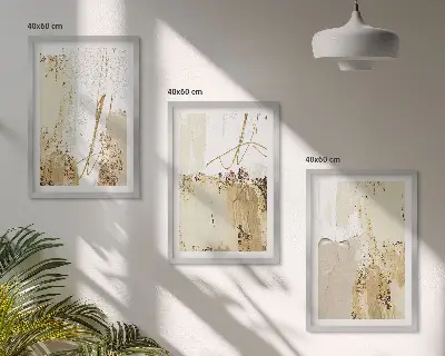 3 paveikslų rinkinys su rėmais abstrakčių raštų dizaino, smėlio ir baltos spalvos
