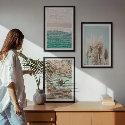 Paplūdimio bangų ir žolės paveikslų rinkinys 3 dalių rinkinys su rėmais