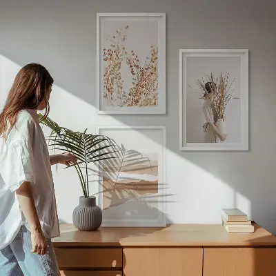 Įrėmintas triptikas su kaimiško boho stiliaus gėlių motyvais