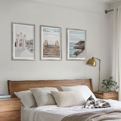 3 paveikslų rinkinys su rėmais Santorinio jūros architektūra