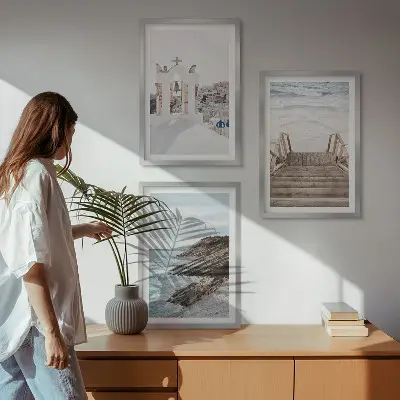 Santorinio jūros architektūra 3 paveikslų rinkinys su rėmais