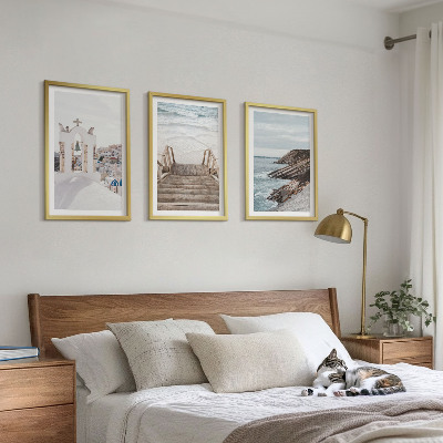 3 paveikslų rinkinys su rėmais Santorinio jūros architektūra