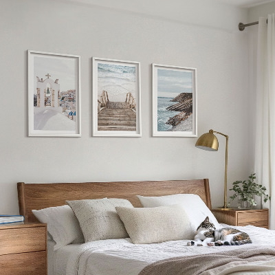 3 paveikslų rinkinys su rėmais Santorinio jūros architektūra