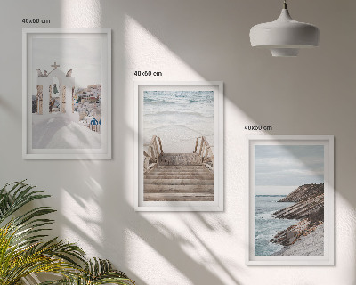 3 paveikslų rinkinys su rėmais Santorinio jūros architektūra