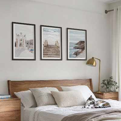 3 paveikslų rinkinys su rėmais Santorinio jūros architektūra
