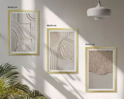 3 paveikslų rinkinys su rėmais abstrakčių raštų dizaino, smėlio ir baltos spalvos