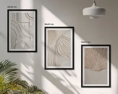 3 paveikslų rinkinys su rėmais abstrakčių raštų dizaino, smėlio ir baltos spalvos