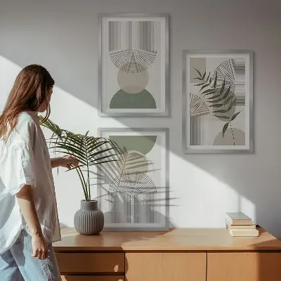 Abstrakčios formos su žaluma 3 paveikslų rinkinys su rėmais