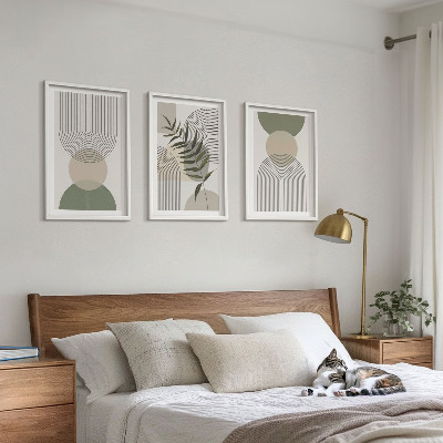 3 paveikslų rinkinys su rėmais Abstrakčios formos su žaluma
